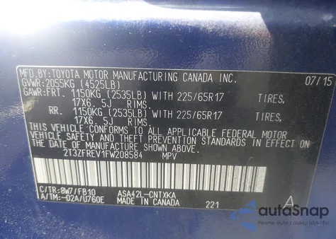 2015 Toyota Rav4 Le из США, поврежденный, VIN 2T3ZFREV1FW208584